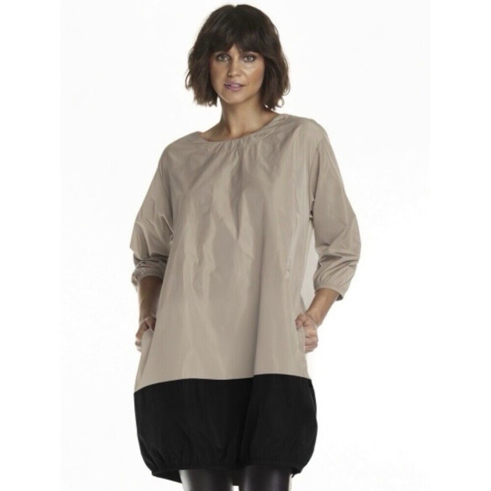 Planet By Lauren G Taupe Bubble Hem Nylon Dress Lagenlook 3/4 Sleeve Women’s S/M